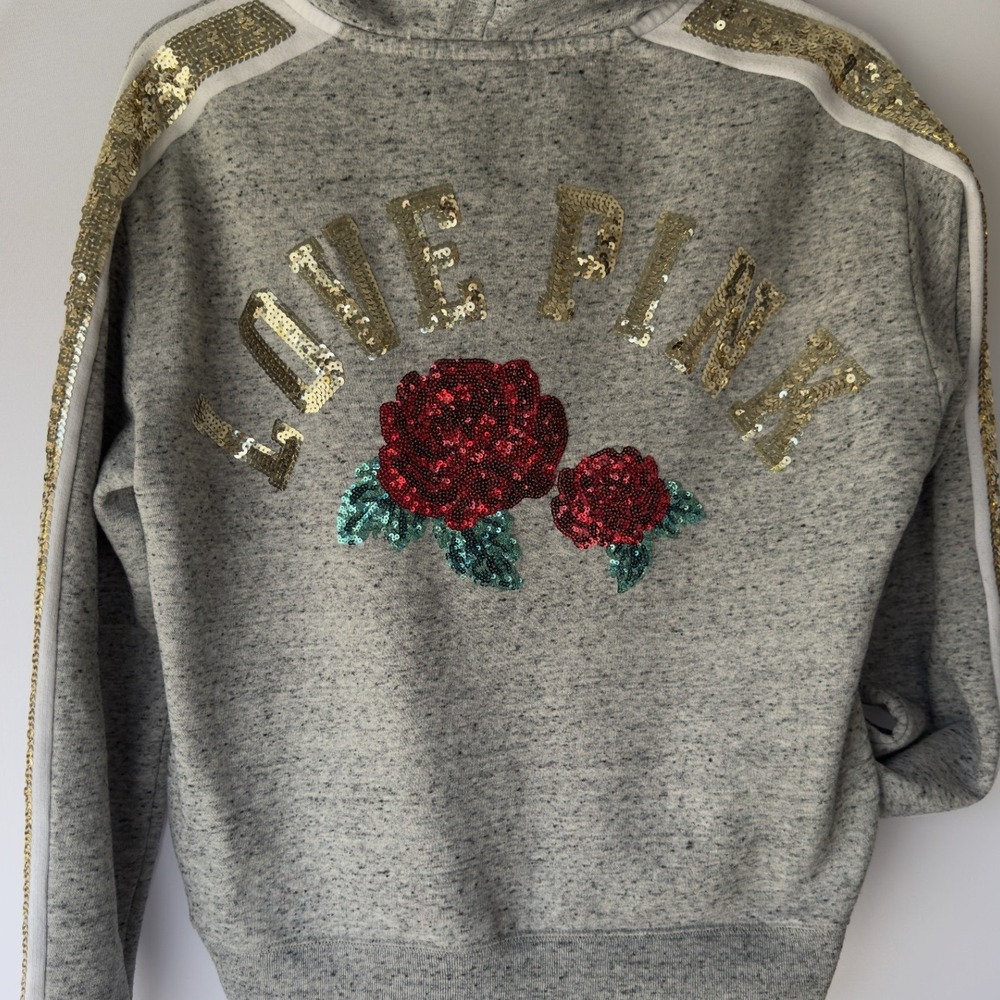 PINK Victoria's Secret Hoodie Gray Sequin Rose Lace Up Y2K Glam Small